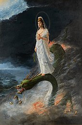 Painting of a woman standing on the head of a dragon