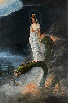 Peinture d'une femme debout sur la tête d'un dragon