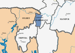 Present-day Karimganj district (blue) and surrounding areas