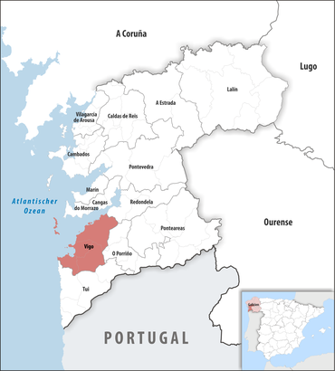 Die Lage des Gerichtsbezirk Vigo in der Provinz Pontevedra