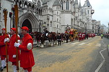 The Doggett's Coat & Badgemen, State Coach and Company of Pikemen and Musketeers of the Honourable Artillery Company) awaiting the lord mayor outside the Royal Courts of Justice on 12 November 2011 LordMayorprocession2011.jpg