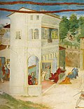 Detalle da lenda de Santa Bárbara, fresco, Trescore Balneario, 1524