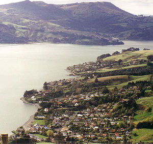 The settlements of Company Bay (upper middle of picture) and Macandrew Bay (bottom of picture), taken from the ridge on the Otago Peninsula.