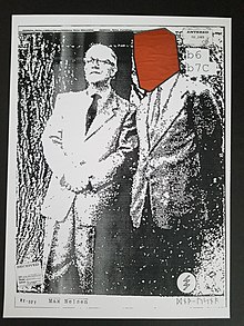 The image depicts two men standing side by side in black and white. One man's head is obscured entirely with a large block so that the photo features only Max Nelson, but giving it an unintended creepy effect the artist expounded upon by silk screening over the block and adding fake insignia and received stamps.