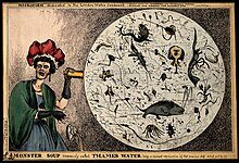 An 1828 cartoon of a woman dropping her teacup when she sees Thames Water magnified. After the Great Stink of 1858, the London sewerage system was built under Joseph Bazalgette. Monster Soup commonly called Thames Water. Wellcome V0011218.jpg
