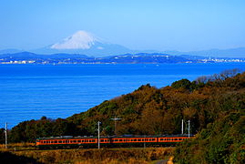 Mt.Fuji is overlooked from Uraga Channel with Futtsu coast in Chiba.