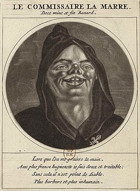 Карикатура на Н. Деламара (Les Héros de la Ligue ou la procession monacale conduitte par Louis XIV pour la conversion des protestans de son royaume, Paris, P. Peters, 1691)