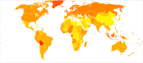 Age-standardized death from ovarian cancer per 100,000 inhabitants in 2004
.mw-parser-output .div-col{margin-top:0.3em;column-width:30em}.mw-parser-output .div-col-small{font-size:90%}.mw-parser-output .div-col-rules{column-rule:1px solid #aaa}.mw-parser-output .div-col dl,.mw-parser-output .div-col ol,.mw-parser-output .div-col ul{margin-top:0}.mw-parser-output .div-col li,.mw-parser-output .div-col dd{page-break-inside:avoid;break-inside:avoid-column}
.mw-parser-output .legend{page-break-inside:avoid;break-inside:avoid-column}.mw-parser-output .legend-color{display:inline-block;min-width:1.25em;height:1.25em;line-height:1.25;margin:1px 0;text-align:center;border:1px solid black;background-color:transparent;color:black}.mw-parser-output .legend-text{}
no data
less than 0.6
0.6-1.2
1.2-1.8
1.8-2.4
2.4-3
3-3.6
3.6-4.2
4.2-4.8
4.8-5.4
5.4-6
6-7
more than 7 Ovary cancer world map - Death - WHO2004.svg