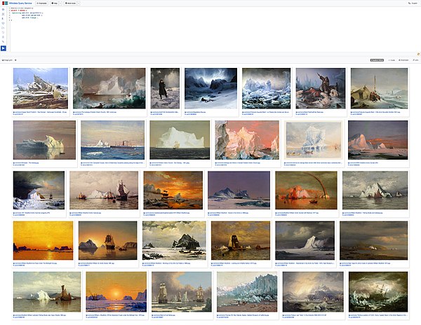 Paintings depicting icebergs - Screenshot of the Wikidata Query Service as of 2019-09-23 (rearranged)