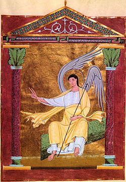 Folio 117r of the Pericopes of Henry II, Reichenau, c. 1002-1012: the Angel on the Tomb. The facing folio, 116v, contains an illumination of the three Maries approaching the empty tomb. PericopesHenryIIFol117rAngelOnTomb.jpg