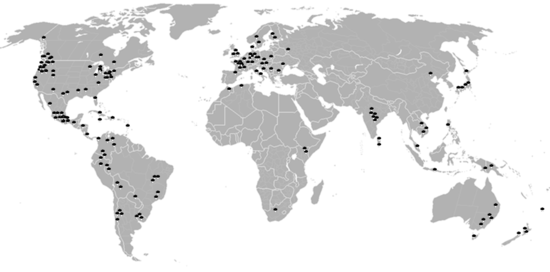 Global distribution of over 100 psychoactive species of genus Psilocybe mushrooms. Pschoactive Psilocybe distribution.png