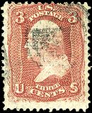 In this 3-cent stamp, the grill pattern is visible in the cancel.