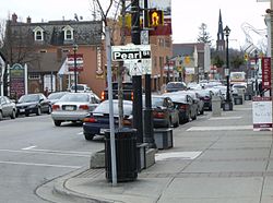 Streetsville is marked by street signs and banners along Queen Street.