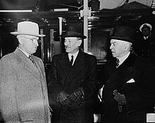 President Harry Truman and prime ministers Clement Attlee and Mackenzie King board the USS Sequoia for discussions about nuclear weapons, November 1945 TrumanAttleeKing1945.jpg