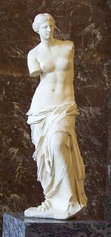 The Venus de Milo, discovered at the Greek island of Milos, 130-100 BC, Louvre Venus de Milo 1, Louvre May 2010.jpg