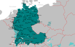 Karta rasprostranjenosti njemačkog jezika po Europi prije (lijevo) i poslije Drugog svjetskog rata (desno)