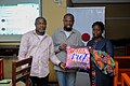 The librarian with the highest number of contributions at Kenneth Dike Library, UI flanked by the grantee: Ayokanmi oyeyemi and president of Wikinedia Nigeria: Olaniyan Olushola