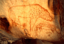 Oranžovou byrvou vytvořená malba levharta na stěně jeskyně. Levhart stojí naproti malované hyeně, která je podstatně větší.