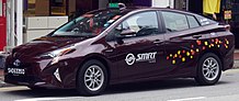 A Toyota Prius hybrid taxi in Singapore 2016 Toyota Prius (ZVW50R) Hybrid liftback, SMRT taxis (2017-11-29).jpg