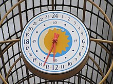 A public 24-hour clock in Curitiba, Brazil, with the hour hand on the outside and the minute hand on the inside. 24 hour analog clock rua 24 horas curitiba brasil.jpg