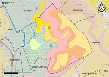 Carte montrant en couleurs le zonage géologique simplifié d'une commune