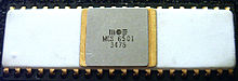 MOS Technology MCS6501, in white ceramic package, made in late August 1975 6501chip.jpg