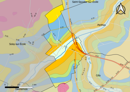 Carte montrant en couleurs le zonage géologique simplifié d'une commune