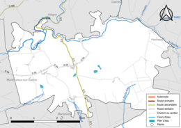 Carte en couleur présentant le réseau hydrographique de la commune