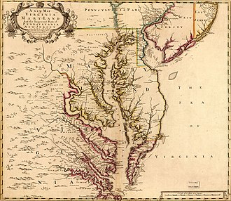 Map of Chesapeake Bay area by John Senex, 1719, with Baltimore County labeled near Maryland's border with Pennsylvania. A new map of Virginia, Maryland and the improved parts of Pennsylvania & New Jersey. LOC 2007625604 (cropped).jpg