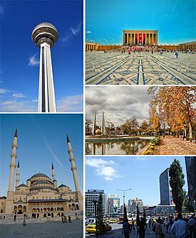 Ve směru hodinových ručiček, shora: panorama Söğütözü, Anıtkabir, Gençlik Parkı, náměstí Kızılay, mešita Kocatepe, Atakule