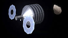 This early Asteroid Redirect Mission artist's impression is suggestive of another method of changing a large threatening celestial body's orbit by capturing relatively smaller celestial objects and using those, and not the usually proposed small bits of spacecraft, as the means of creating a powerful kinetic impact, or alternatively, a stronger faster acting gravitational tractor, as some low-density asteroids such as 253 Mathilde can dissipate impact energy. Asteroid Capture.jpg