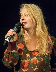 Beata Gårdeler under presentationen av filmen Flocken i Filmhuset i Stockholm 2015.