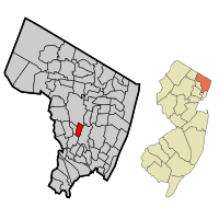 Location of Maywood in Bergen County highlighted in red (left). Inset map: Location of Bergen County in New Jersey highlighted in orange (right).