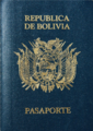 Pasaporte boliviano década 2000 de pasta azul donde se muestra solamente el nombre del país en el título.