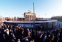 Crowds at the Brandenburg Gate on 1 December 1989. The entrance to the Western side was still not opened. BrandenburgerTorDezember1989.jpg