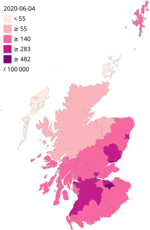 Епидемия от COVID-19 в Шотландия на глава от населението map.svg