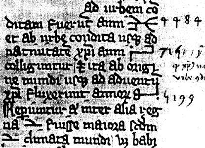 Normanski rokopis iz štirinajstega stoletja, ki uporablja samo cistercijanske številke. Te so bile vodoravne, da so ustrezale toku besedila. Posebnost je okrogla oblika številke 9. Številke so bile pozneje ponovno zapisane s hindujsko- arabskimi številkami v opombah na robu: tu so številke 4 484, 715 in 5 199.