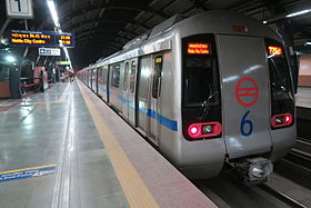 The Blue Line of the Delhi Metro in Noida . DelhiMetroBlueLineMitsubishiRotem.JPG