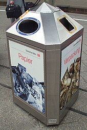 Recycling and rubbish bin at a German railway station. DeutscheBahnRecycling20050814 CopyrightKaihsuTai Rotated.jpg