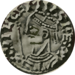 Bilde av en mynt med en kronet mann med et septer i bakgrunnen.