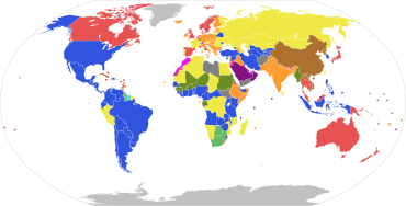 World's states coloured by systems of government:
Parliamentary systems: Head of government is elected or nominated by and accountable to the legislature
Constitutional monarchy with a ceremonial monarch
Parliamentary republic with a ceremonial president
Parliamentary republic with an executive president
Presidential system: Head of government (president) is popularly elected and independent of the legislature
Presidential republic
Hybrid systems:
Semi-presidential republic: Executive president is independent of the legislature; head of government is appointed by the president and is accountable to the legislature
Assembly-independent republic: Head of government (president or directory) is elected by the legislature, but is not accountable to it
Semi-constitutional monarchy: Monarch holds significant executive or legislative power
Absolute monarchy: Monarch has unlimited power
One-party state: Power is constitutionally linked to a single political party
Military junta: Committee of military leaders controls the government; constitutional provisions are suspended
Provisional government: No constitutionally defined basis to current regime
Dependent territories and places without governments
Note: this chart represent de jure
systems of government, not the de facto
degree of democracy.
v
t
e Forms of government.svg