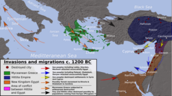Map of the Late Bronze Age collapse (c. 1200 BC) in the Eastern Mediterranean Invasions, destructions and possible population movements during the Bronze Age Collapse, ca. 1200 BC.png