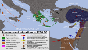 Invasions, destructions and possible population movements during the collapse of the Bronze Age, c. 1200 BC Invasions, destructions and possible population movements during the Bronze Age Collapse, ca. 1200 BC.png