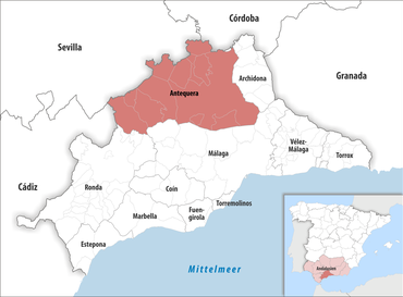 Die Lage des Gerichtsbezirk Antequera in der Provinz Málaga