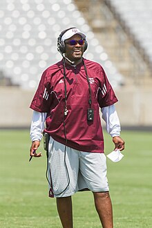 Kevin Sumlin was the head coach of the Texas A&M Aggies football team from 2012 to 2017. Kevin Sumlin, Head Football Coach, Texas A&M University.jpg