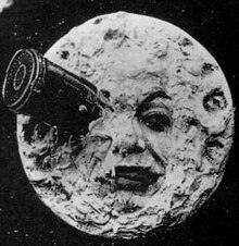 Georges Méliès Le Voyage dans la Lune, showing a projectile in the man in the moon's eye from 1902