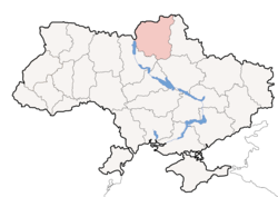 Карта на Украина, Черниговска област е означена со црвено