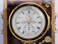 Einheitschronometer
pattern marine chronometer (A. Lange & Sohne, 1948) displaying its second hand advancing in
1/2-second increments over a 60 seconds marked sub dial for optimal timing of celestial objects angle measurements at the GFZ Marine-Chronometer.A.Lange&Soehne.1948.jpg