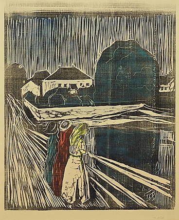 Merched ar y Bont, torlun pren gan Edvard Munch, 1918