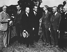 Members of the first National Advisory Cancer Council at the groundbreaking ceremonies of the NCI's building 6 in Bethesda, Maryland (June 1938) NIH building 6 groundbreaking.jpg